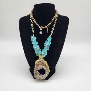 Laura J Finery Gold Plated Brass Necklace Druzy Geode Pendant Teal Gemstones